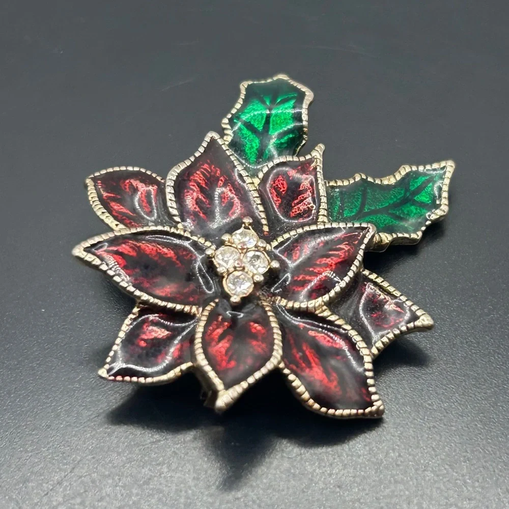 Classic Red and Green Poinsettia Brooch